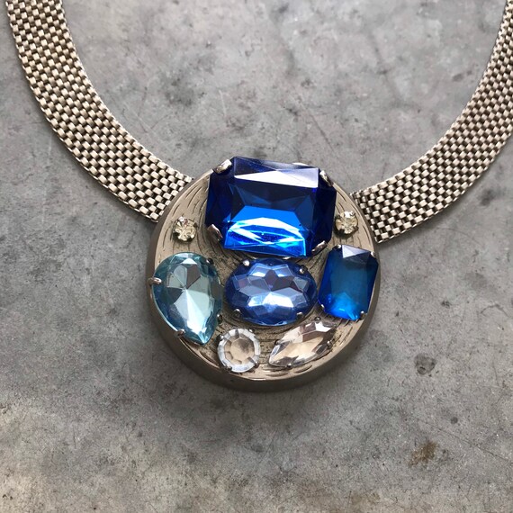 1980s Statement Blue Silver Crystal Stainless Ste… - image 8