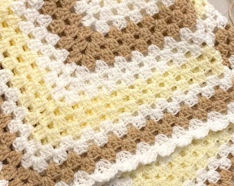 Crocheted Granny Square Baby Blanket: Baby oatmeal , Lemon, White Acrylic Throw