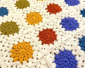Handmade Crochet Granny Square Baby Blanket Rainbow square flower white blanket Easter baby gift