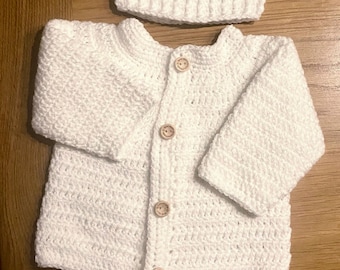 Baby knitted hospital hat Set, Baby Crochet teddy Hat, Baby Crochet Booties, Crochet Baby cardigan , 0-3 months baby, Baby Shower Gift set