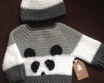 Baby knitted hospital hat Set, Baby Crochet Panda Hat, Baby Crochet set, Crochet Baby panda jumper , 0-3 months baby, Baby Shower Gift set