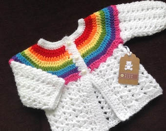 Hand Crocheted Baby Rainbow Cardigan, Unisex Acrylic Knit, premature Newborn 0-3 months 3-6 months Sizes