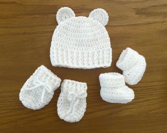 Baby knitted hospital hat Set, Baby Crochet teddy Hat, Baby Crochet Booties, Crochet Baby Mittens, Baby Photo Prop, Baby Shower Gift set