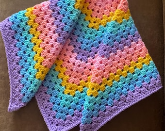 Crochet Rainbow Granny Square Baby Blanket, Soft Acrylic Pram Throw