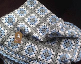 Crochet baby blue white grey Granny Square  Baby Blanket Throw Pram cot Blanket Afghan unisex new baby gift handmade blanket boy girl gift