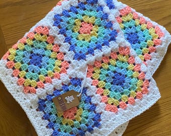 Crochet Handmade knitted rainbow Granny Square white Baby boy girl unisex pram / cot /Blanket /shawl/ Afghan / new baby gift / baby shower
