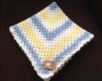 Crocheted Granny Square Baby Blanket: Baby Blue, Lemon, White Acrylic Throw