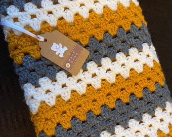 Crochet Granny Square Baby Blanket  Mustard, charcoal Grey & Ivory