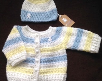 Baby knitted hospital blue hat Set, Baby Crochet teddy Hat, boys Crochet set, Crochet Baby cardigan , 0-3 months baby, Baby Shower Gift set
