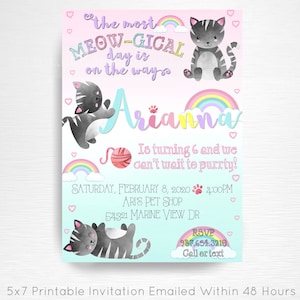 Cat Birthday Party Printable Invitation YOU Print Cat Kitty Pink Purple Blue Pastel