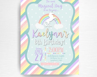 Unicorn Rainbow Birthday Party Printable Invitation YOU Print Pastel Blue White