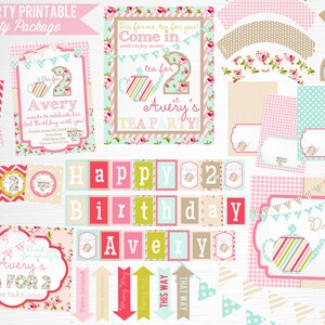 Tea Party paquete de fiesta imprimible que imprimir té para dos decoraciones florales azul rosa