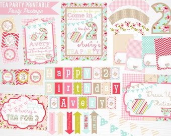 Tea Party Printable Party Package YOU Print Tea for Two Pink Blue Floral Decorations