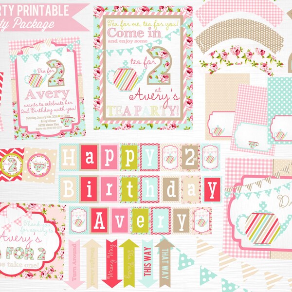 Tea Party Printable Party Package YOU Print Tea for Two Pink Blue Floral Decorations