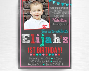 Chalkboard Valentine Birthday Invitation Party Printable YOU Print Pink Red Mint Aqua