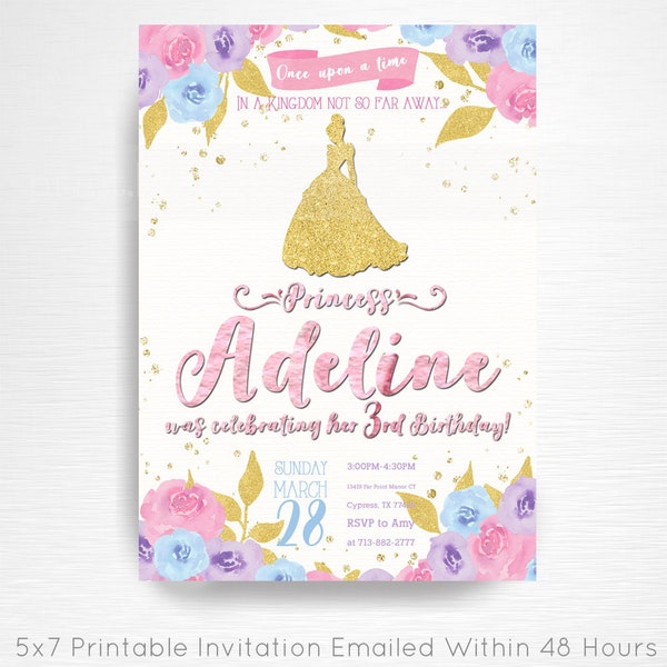 Fairytale Princess Party Birthday Printable Invitation YOU Print Floral Pink Gold Blue Purple