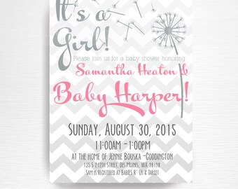 Dandelion Baby Shower Party Printable Invitation YOU Print Grey Pink Chevron It's a Girl Shower