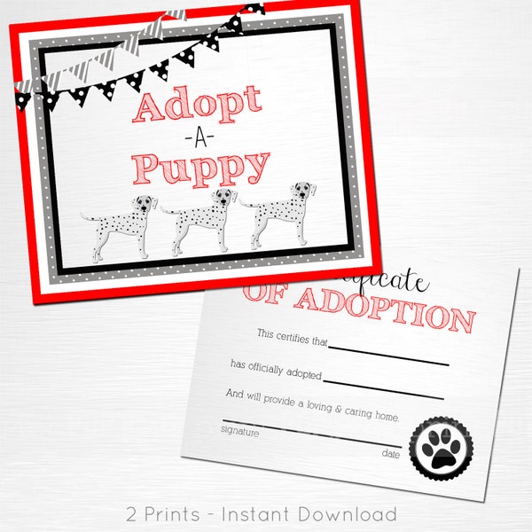 Adopt a Puppy Dalmatian Fire Dog and Certificate of Adoption Red Gray White Black Lab Dog Birthday Party YOU PRINT