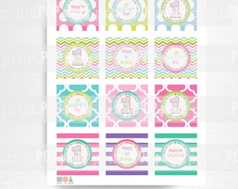 Chevron First Birthday Party Printable Stickers Cupcake Toppers Medallions YOU Print Instant Download
