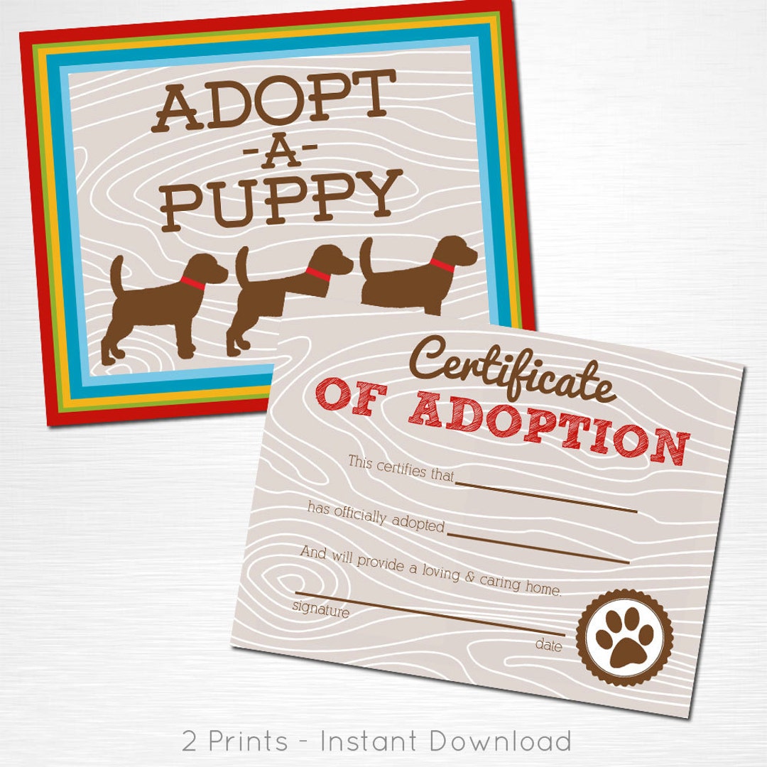 Adopt a Puppy and Certificate of Adoption Brown Red Blue Green Yellow ...