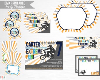 May include: Printable party package for a BMX themed birthday party. The invitation features a boy riding a BMX bike with the text "Carter is turning 7, Race on over for some Extreme Fun!" The invitation also includes the date, time, and location of the party. The party favors include a round sticker with the text "Thanks for making my party extremely awesome!" and a rectangular sticker with the text "Carter's Extreme Fuel!" The thank you card features a boy riding a BMX bike with the text "Thank You" and "From Carter".