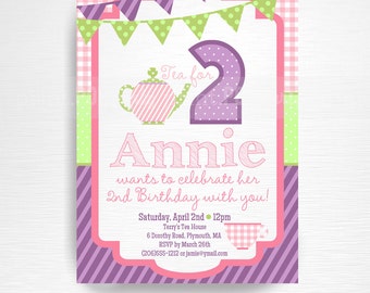 Tea Party Printable Invitation YOU Print Tea for Two Pink Green Lavender Violet Purple