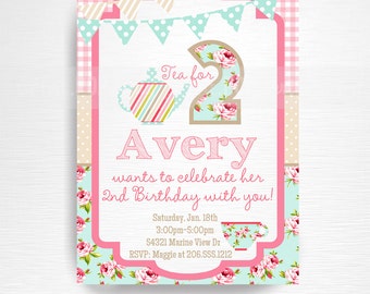 Tea Party Printable Invitation YOU Print Tea for Two Pink Blue Floral Tea for 2