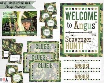 May include: Printable party package for a camo hunter themed birthday party. The package includes a welcome sign, invitation, food labels, and scavenger hunt clues. The welcome sign says "Welcome to Angus' Scavenger Hunt!" and the invitation says "Join us for a hunting good time Angus is turning nine".