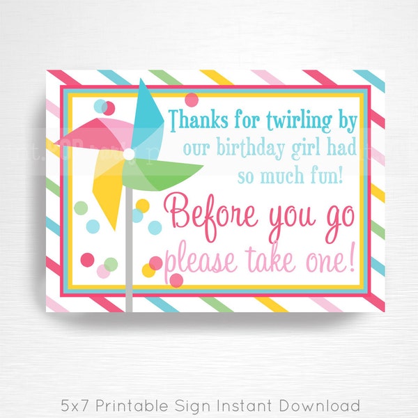 Pinwheel Birthday Party Printable Favor Custom Sign YOU Print Pink Yellow Green Blue