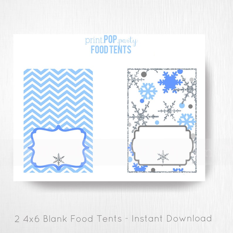 Blue Silver Winter Wonderland Birthday Party Printable Food Tents YOU Print Winter ONEderland Little Snowflake Birthday image 1