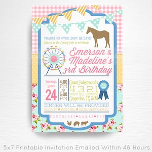 County Fair Girl Birthday Party Printable Invitation YOU Print Pink Blue Floral Chic Ferris Wheel Blue Ribbon