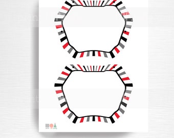 May include: Two printable 6.5 x 5 inch bike plates with a black, white, and red striped border.  Fill in the blank with bike number and designs!