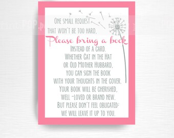 Dandelion Baby Shower Party Printable Bring A Book YOU Print Grey Pink Chevron It's a Girl Shower - INSTANT DOWNLOAD