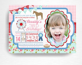 County Fair Girl Birthday Party Printable Invitation YOU Print Photo Invitation Pink Blue Floral Chic Ferris Wheel Pie Contest