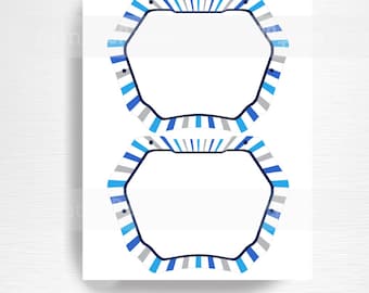 May include: Two printable 6.5x5 inch bike plates with a blue, white, and gray striped design. The plates are blank and can be customized with a bike number and designs.