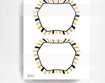 May include: Two printable 6.5 x 5 inch bike plates with a black, orange, and white striped design. The plates are blank for adding a bike number and designs.