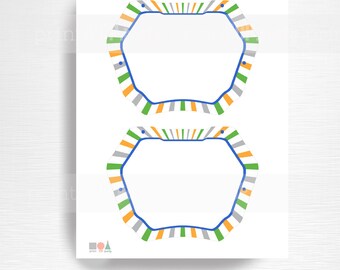 May include: Two printable 6.5 x 5 inch bike plates with a white background and a blue, green, orange, and gray striped border. The text "print.POP.party" is at the top of the image. The text "6.5x5" Printable Bike Plates - Instant Download Fill in the blank with bike number and designs!" is at the bottom of the image.