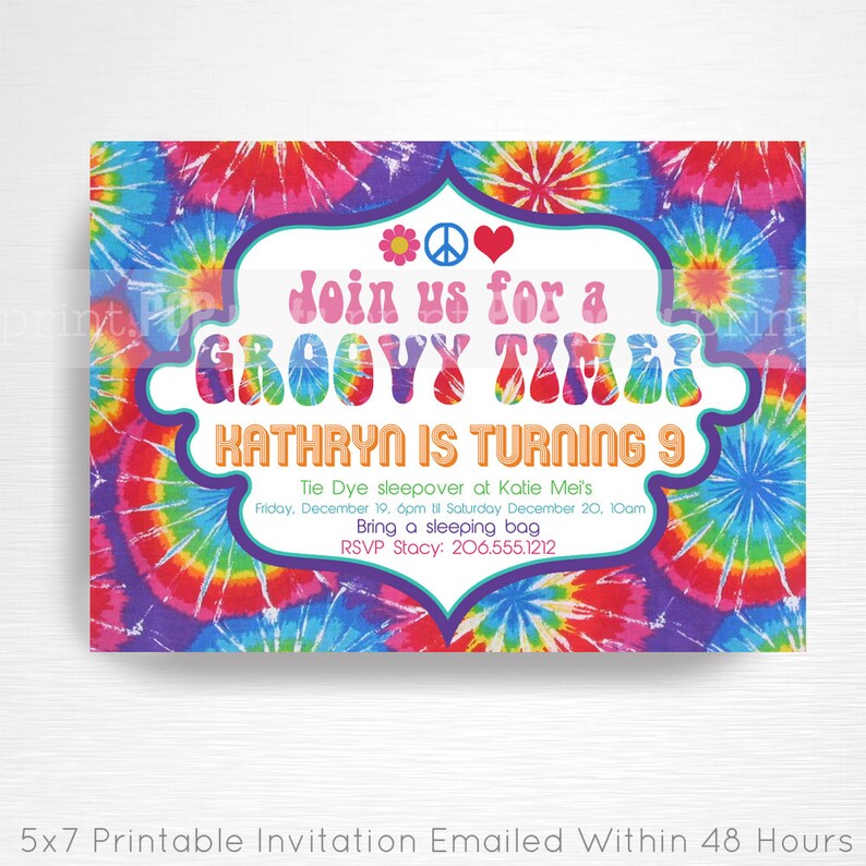 tie dye birthday party printable invitation you print etsy