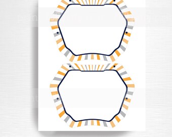 May include: Two printable 6.5 by 5 inch bike plates with a white background and a gray and orange striped border. The plates are blank and can be customized with a bike number and designs.