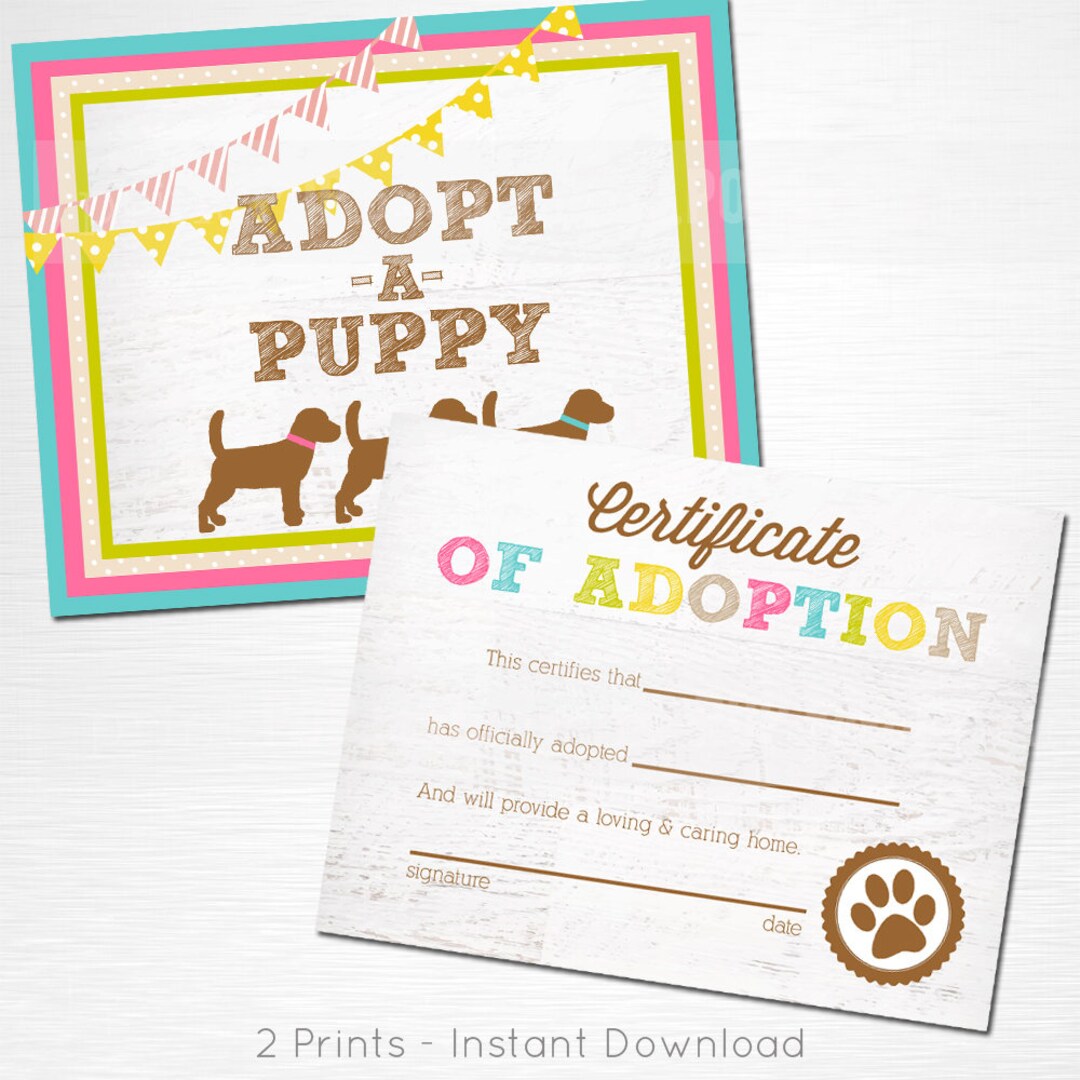 Adopt a Puppy and Certificate of Adoption Pink Mustard Aqua Olive Green ...