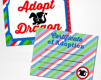 Adopt a Dragon Certificate Unicorn Birthday Party Printable Sign Boy Party Favor Red Blue Green