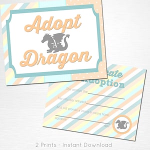 Adopt a Dragon Certificate Unicorn Birthday Party Printable Sign Boy Party Favor