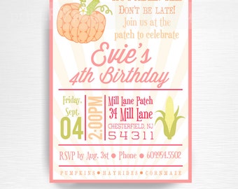 May include: Pink and yellow 5x7 printable invitation for a 4th birthday party. The invitation features a pumpkin, corn, and the text "It's Pumpkin Time Don't Be Late! Join us at the patch to celebrate Evie's 4th Birthday".