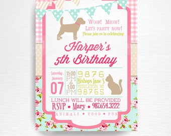 Girl Vintage Pet Birthday Party Printable Invitation YOU Print Pink Blue Floral Dog Cat Bunny
