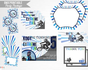 May include: Printable party package for a BMX birthday party with a blue, gray, and green color scheme. The package includes invitations, thank you cards, favor tags, and a sign. The text on the invitation reads "Kody is turning 5, Race on over for some Extreme Fun!"
