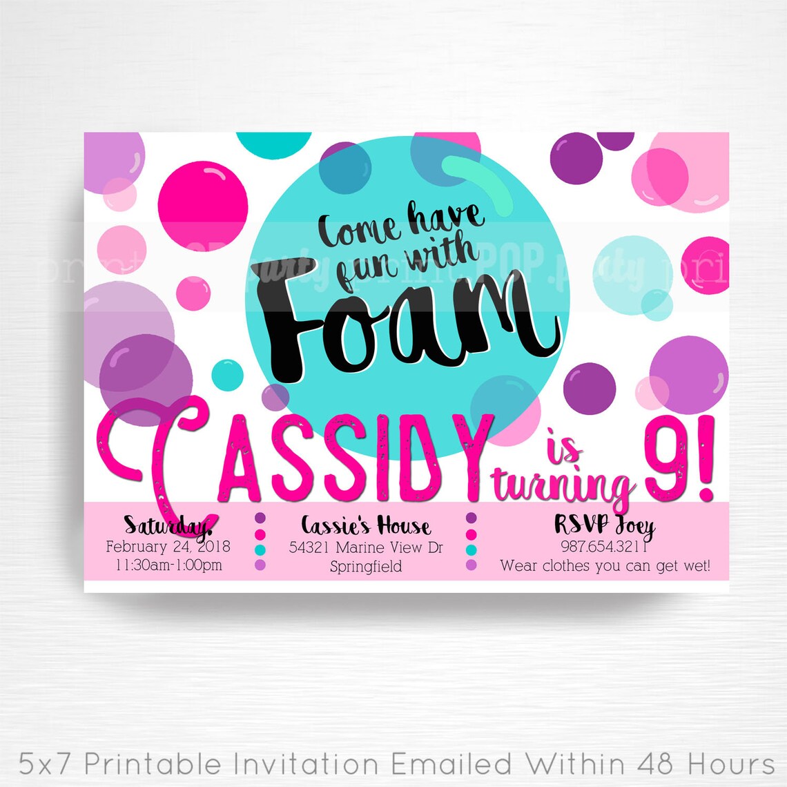 Foam Dance Party Birthday Printable Invitation YOU Print Pink Etsy