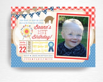 County Fair Birthday Party Printable Invitation YOU Print Red White Blue Ferris Wheel Blue Ribbon with Photo