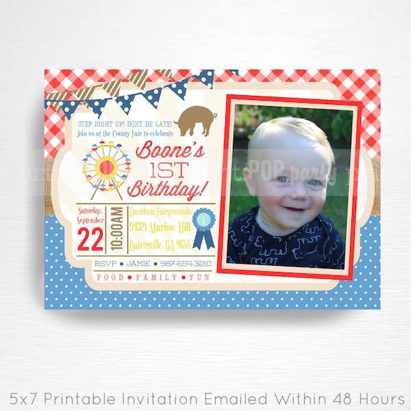 County Fair Birthday Party Printable Invitation YOU Print Red White Blue Ferris Wheel Blue Ribbon with Photo