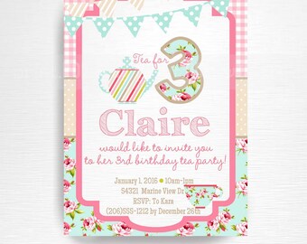 May include: A pink and blue tea party invitation for a girl's 3rd birthday. The invitation features a teapot, teacup, and the number 3 decorated with floral patterns. The text reads "Tea for Claire would like to invite you to her 3rd birthday tea party!" with details for the party date, time, location, RSVP information, and deadline.