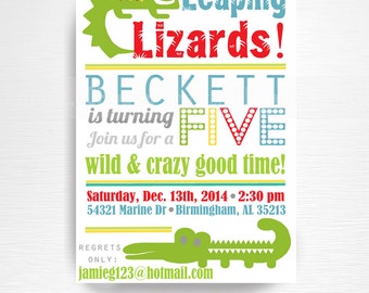 May include: A colorful invitation with the text "Leaping Lizards!" and "BECKETT is turning FIVE." The design includes a green lizard and crocodile illustration. The invitation also includes the date, time, and location of the event.
